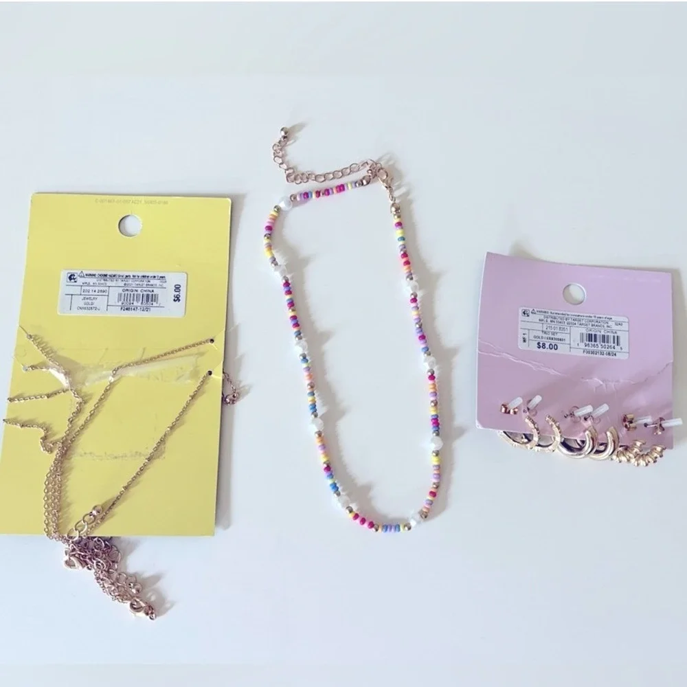Art Class And Wild Fable Necklaces Hoop Earrings Bundle Gold Tone Colorful